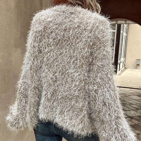 Khaki Casual Womens Fluffy Knit Open Front Cardigan - Picture 2 of 5